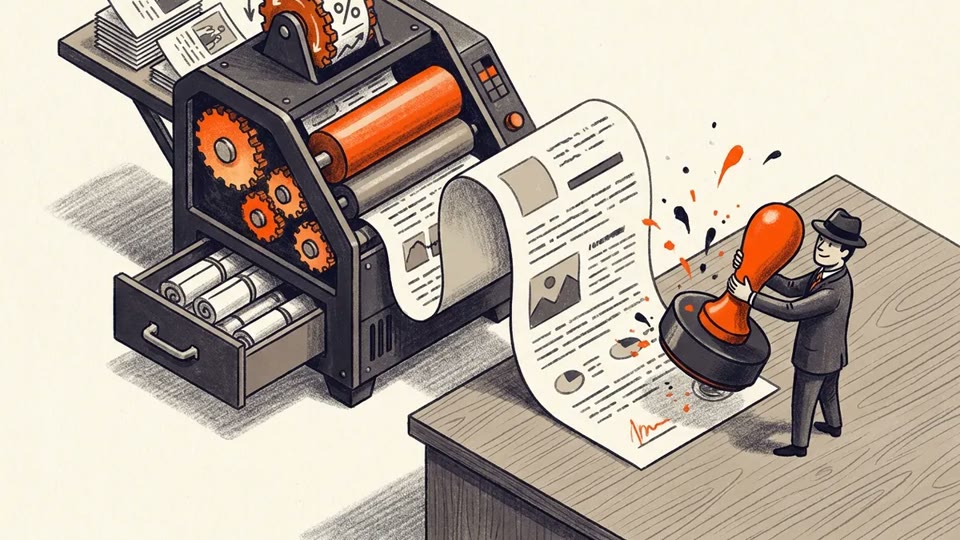 Illustrated scene of a founder approving a document