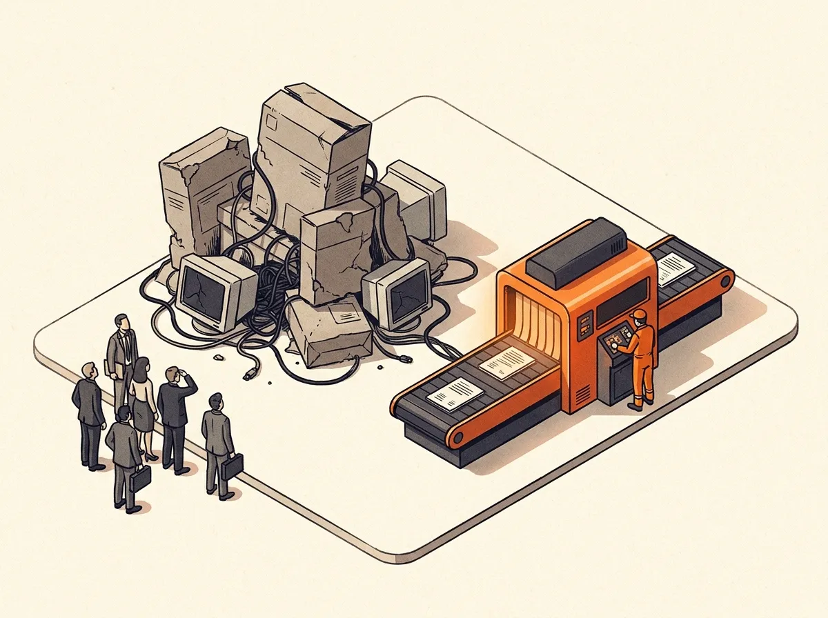 A pile of disconnected AI tools resolving into one connected workflow with a human checkpoint
